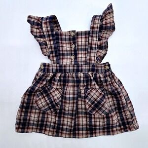 Nicole Miller New York Baby Girl Plaid Pinafore Dress Navy Tan 3-6M